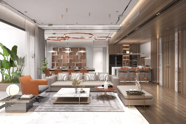 Phối cảnh căn Penthouse – phòng khách (penthouse bàn giao thô)